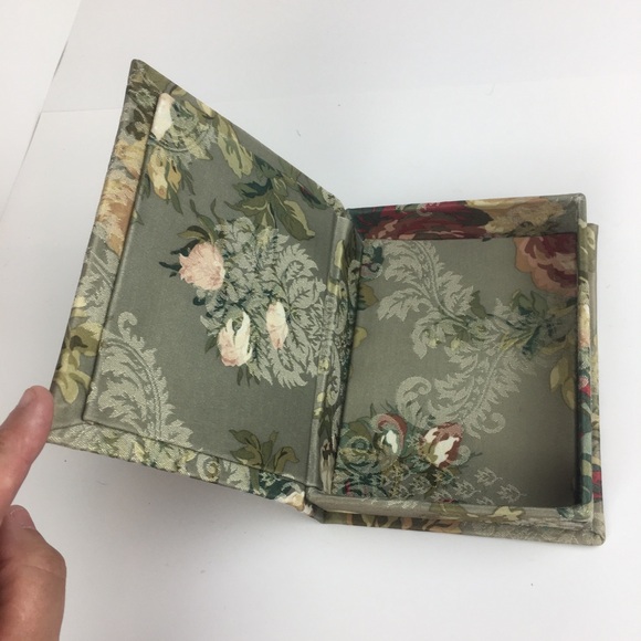 Floral Jacquard Fabric Covered Box Green Ivory Roses Book - Picture 2 of 11